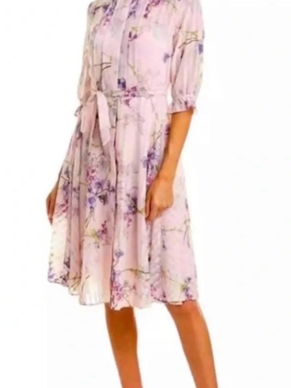 Nanette Lepore Pale Pink/Lavender Floral Tie-Waist Midi Dress